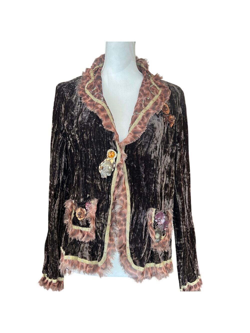 Alberto Makali Crushed Velvet Jacket Beaded Boho Women's Size Medium Brown EUC
